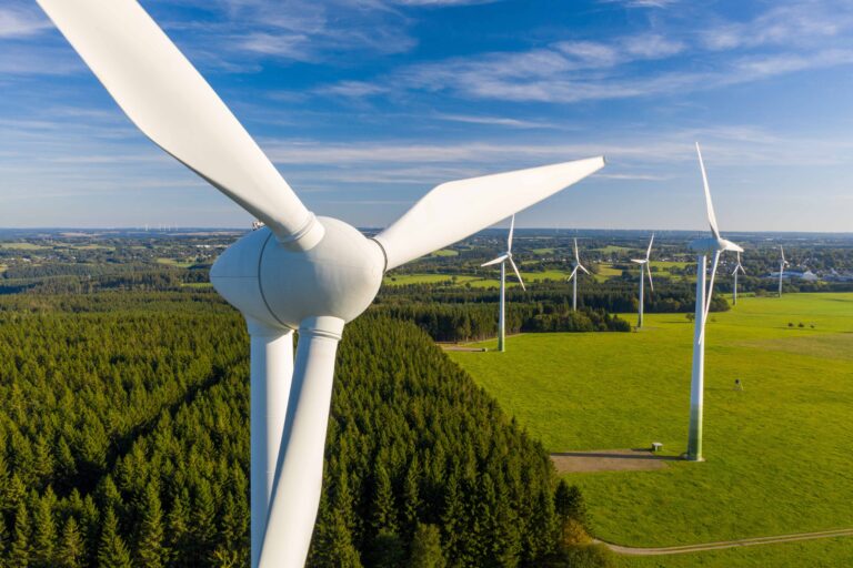 Wind turbines in a field.