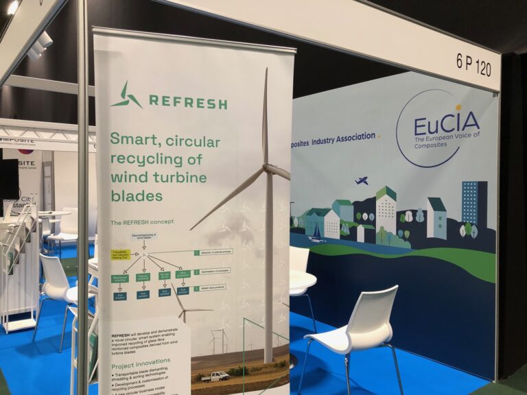 An exhibition booth with a banner with Refresh logo in the forefront.