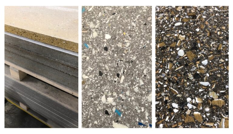 Three pictures: A stack of panels and two different surfaces.