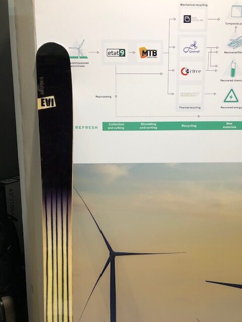 A black ski standing against a poster.