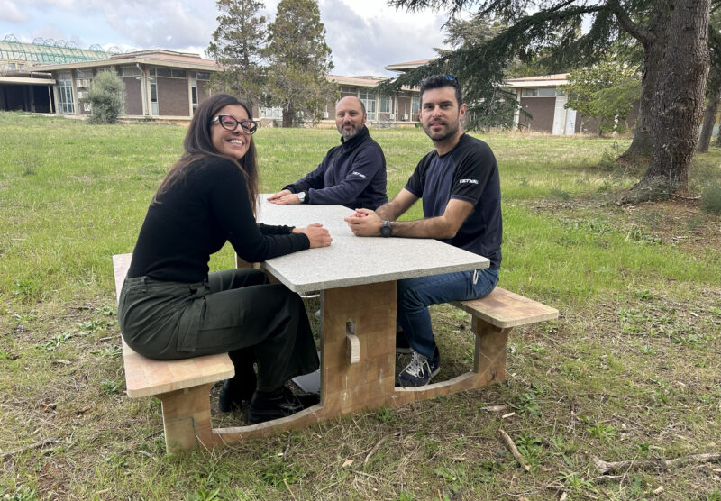 3 people sitting at a picnic table on green grass.